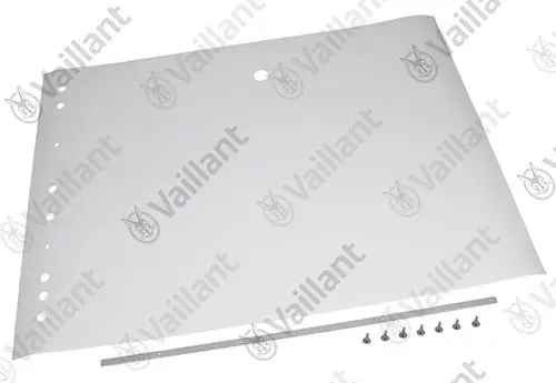 Vaillant Ersatzteil bestehend aus einer großen weißen Abdeckung mit mehreren Löchern, einem schmalen Metallstreifen und mehreren Schrauben.
